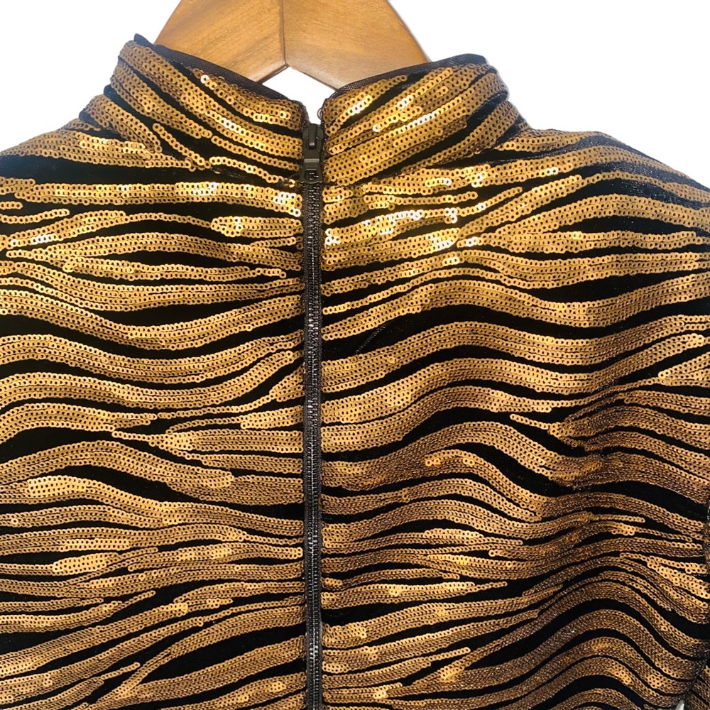 Alice & Olivia Gold Bronze Sequin Stripe Velvet Inka Evening Mini Dress - Picture 12 of 16